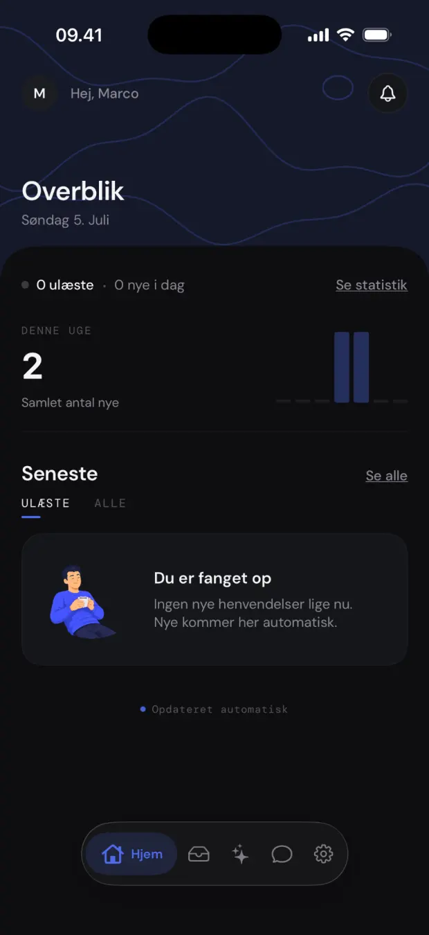Overblik i Replied-appen med ugens antal nye henvendelser